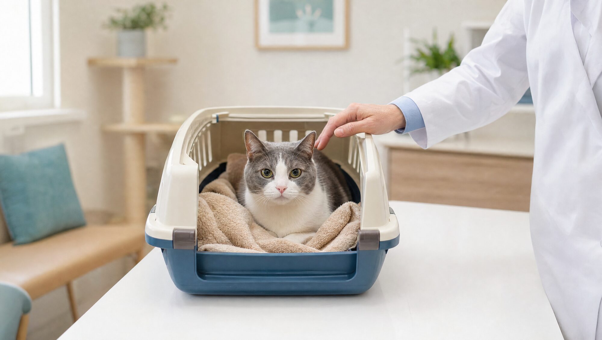 진료대 위 이동장 안에 앉아 있는 고양이