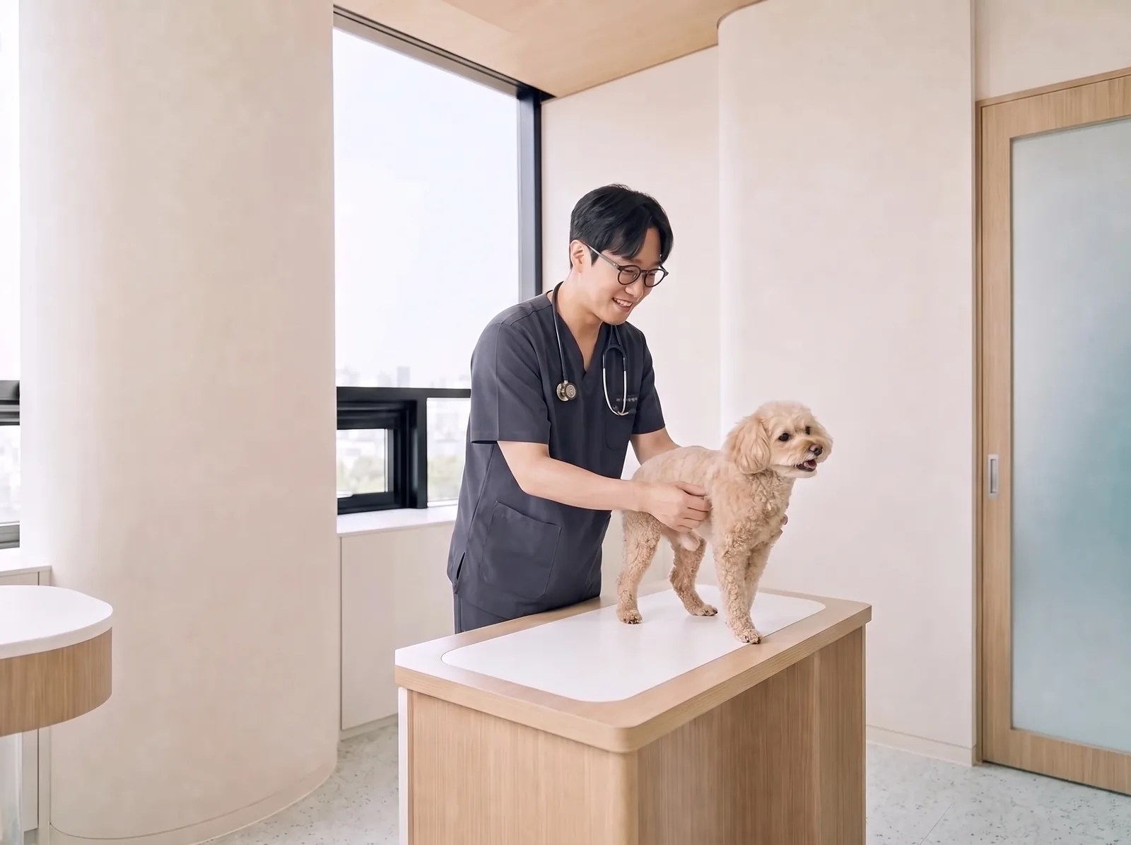 밝은 진료실에서 진료대 위 푸들을 살피는 수의사