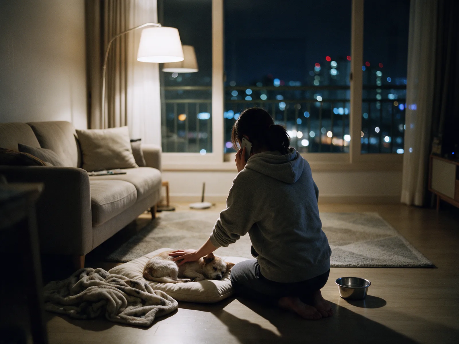 늦은 밤 집에서 아픈 작은 강아지 곁에서 병원에 전화를 거는 보호자