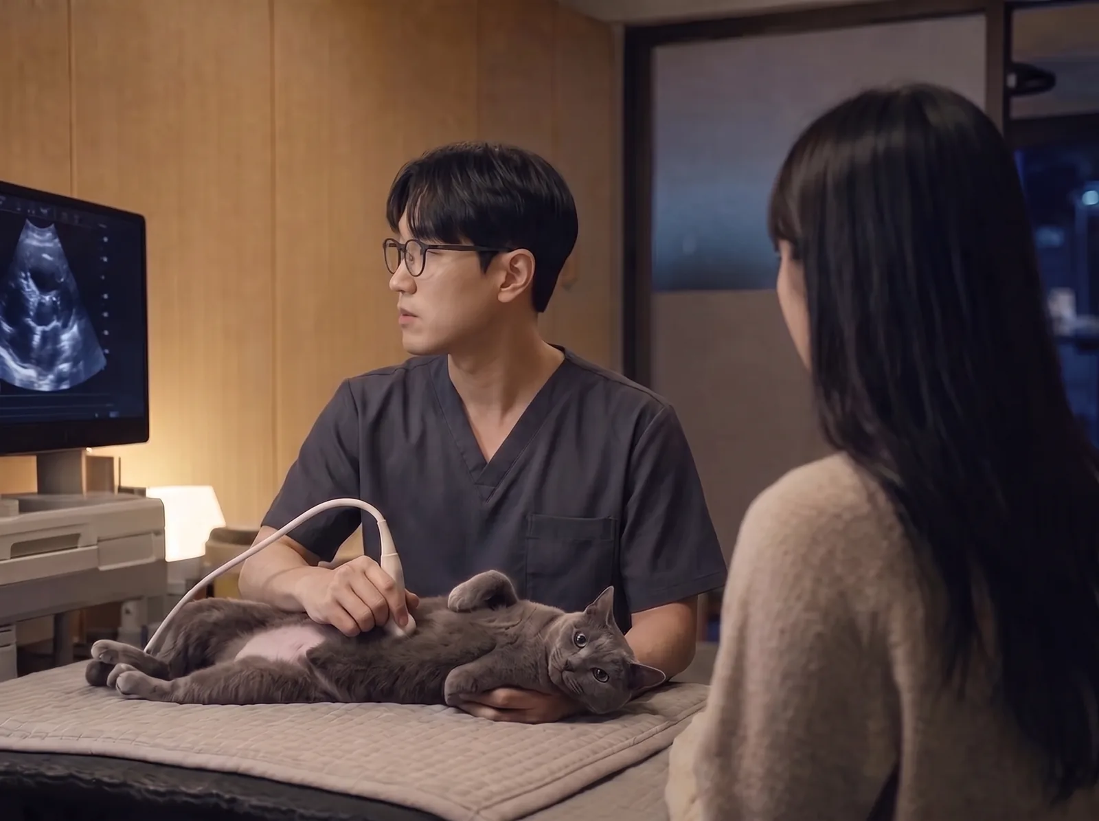 고양이 심장 초음파 검사를 하며 모니터 화면을 보는 수의사