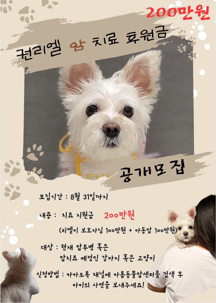 권리엘 암 치료 지원금 200만원 공개 모집 포스터 — 모집 기간 8월 31일까지